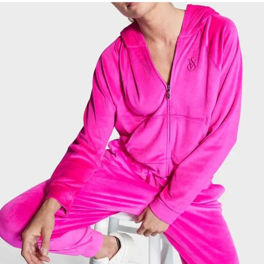 NWT Victoria’s Secret Velour Tracksuit Cropped Hoodie & Jogger Set Hot Pink Sz L